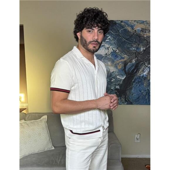 Men's Short Sleeve Knit Shirt Casual Button Down Shirt Vintage Striped - Picture 5 of 6